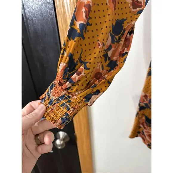 Free People Long Sleeves Autumn Gold Floral Dress Sz 6/8 Knee Length Fall Boho - Picture 7 of 8